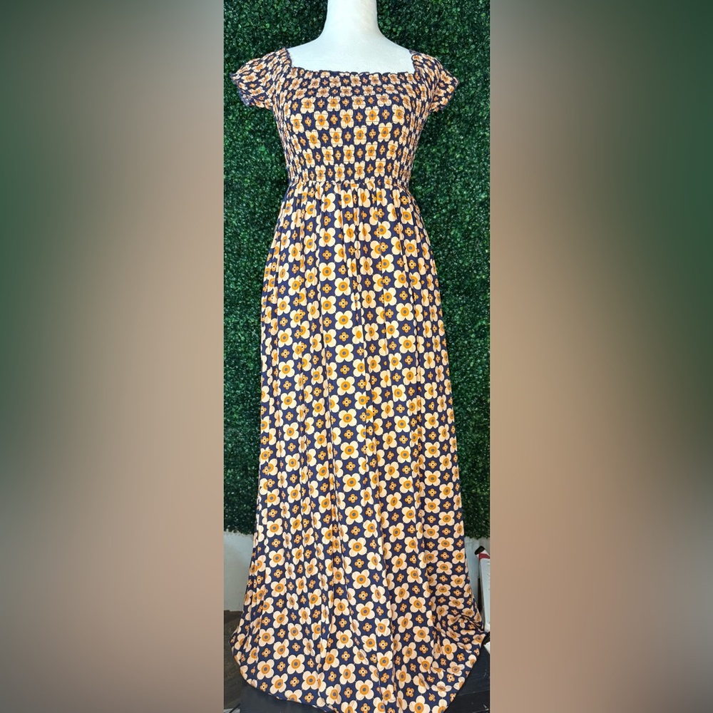 Gold and White A-Line Midi Dress with Pleats